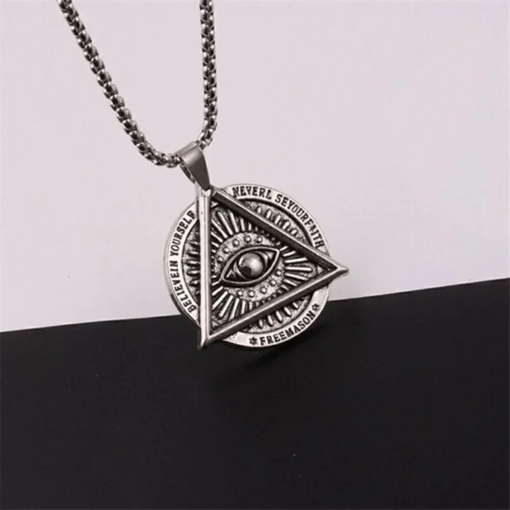 Stainless Steel Masonic Illuminati All Seeing Evil Eye Pendant Chain Necklace